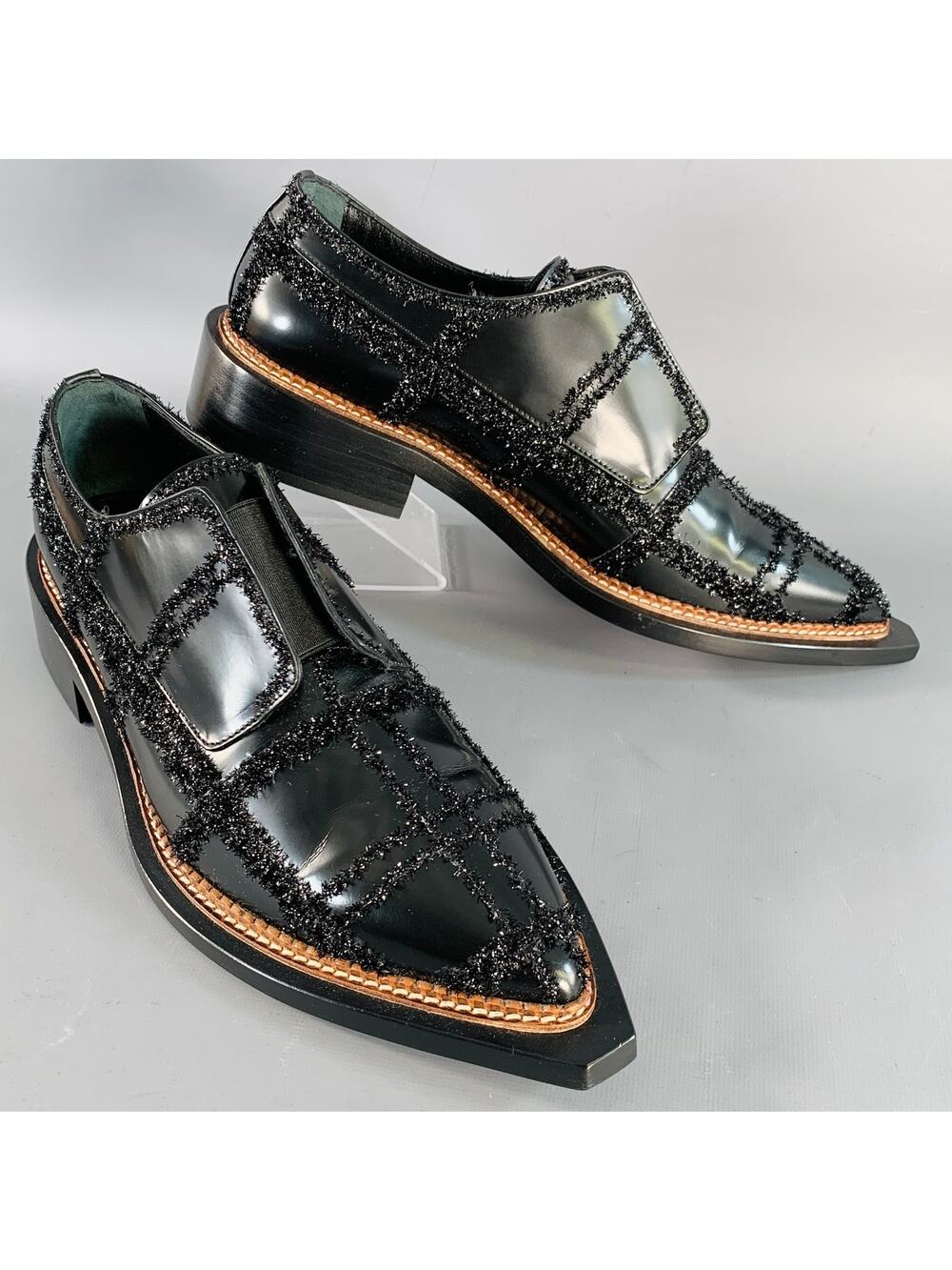 SIMONE ROCHA Size 8 Black Tinsel Embellishment Leather Slip On Loafers